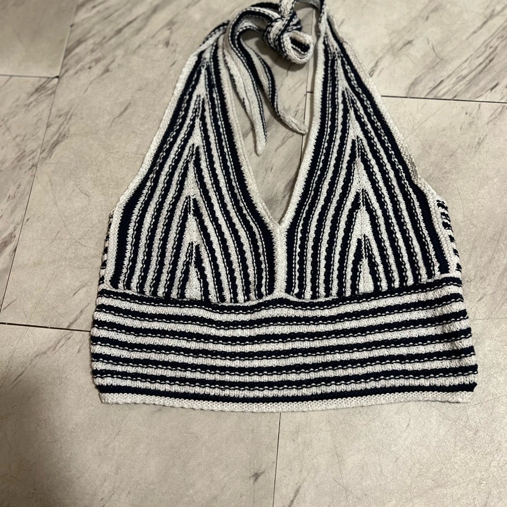 Hollister Navy White Crochet Halter Top Women's Size Large